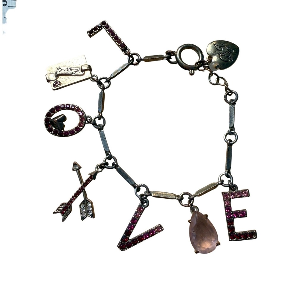Betsey Johnson Gold Pink Rhinestone LOVE Charm Bracelet Y2K Vintage Statement